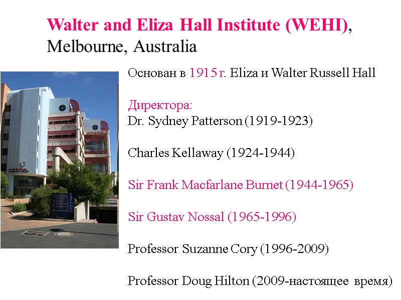 Walter and Eliza Hall Institute (WEHI),  Melbourne, Australia Основан в 1915 г. Eliza